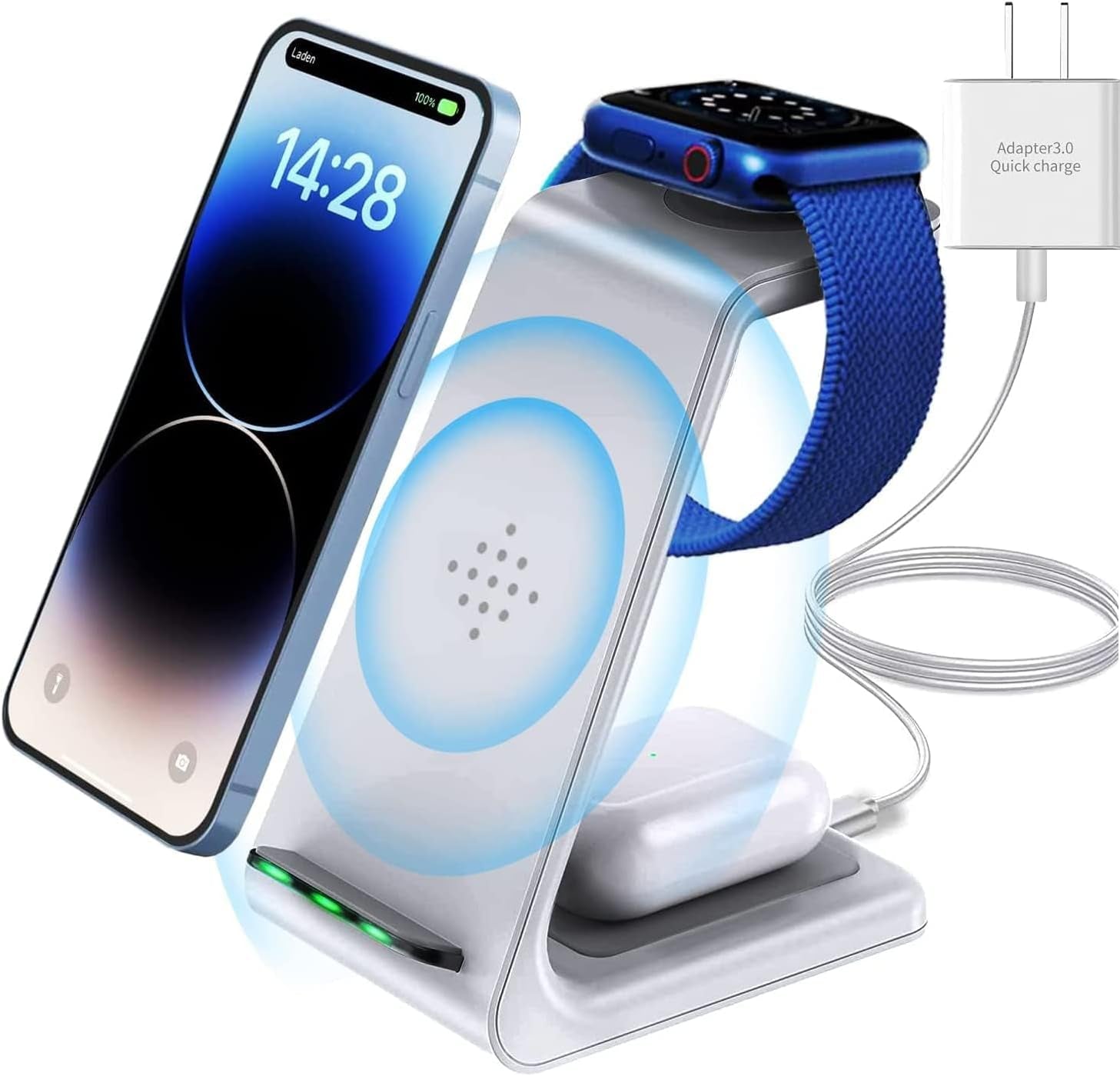 Wireless Charger,3 in 1 Qi-Certified Fast Wireless Charging Station Gift Stand for Apple Iwatch 7/6/5/4/3/2,Iphone 15/15 Plus/15 Pro Max/14/13/12/11/X/Xr/Xs/X/8,Airpods Pro(With Quick Charge Adapter)