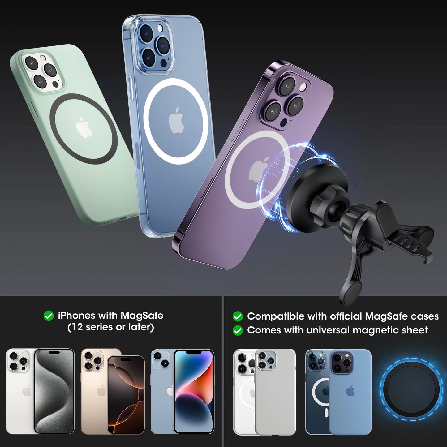 Phone Holders for Your Car Magnetic, 360 Degree Rotation, Air Vent Magnetic Phone Mount, Upgraded Strongest Magnet Power, Compatible with Iphone, Samsung, Google Pixel, Motorola Moto, Black